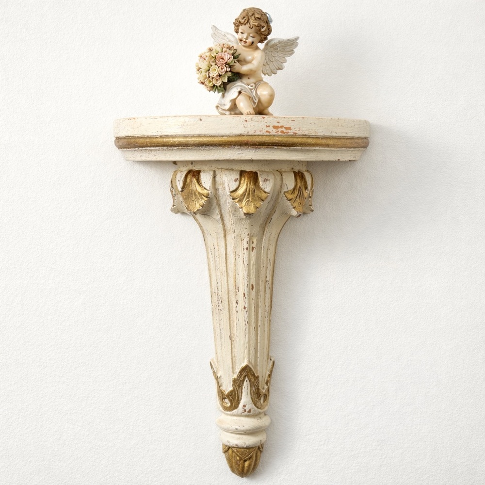 Vintage Ornate Wall Shelf Corbel Cream Gold Distressed Wood 16.25” Tall